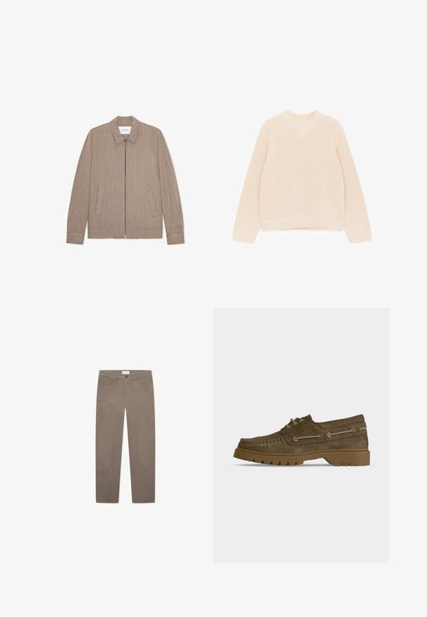 Beige lynlåstrøje med lodrette hvide striber, krave og sidelommer. Fremstillet af tekstureret stof med en glat finish.; Linned strikpullover i lys beige. Har rund halsudskæring, lange ærmer, ribbet tekstur og en lige kant med ribdetaljer.; Brune bukser med lige snit, der har forlommer og accentuerende syninger langs siderne for ekstra detaljer og tekstur.; Brun ruskind læder snørestøvle med tyk gummisål med slidbane og dekorative lædersnørebånd på siderne.