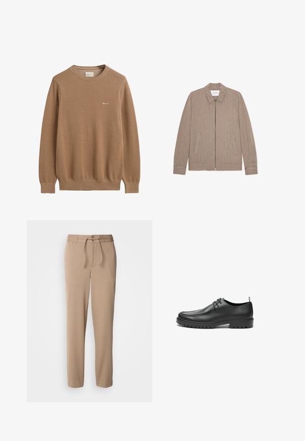 Veste beige zippée avec des rayures blanches verticales, design à col et poches latérales. Fabriquée en tissu texturé avec une finition lisse.; Pull en tricot brun avec un motif texturé, col rond et manches longues. Présente un petit logo brodé sur la poitrine.; Pantalons de survêtement beige en coton doux, avec une taille élastique, un cordon de serrage, une coupe slim et des jambes droites sans motifs.; Chaussures en cuir noir avec une finition lisse, bout arrondi et coutures décoratives. Elles possèdent une semelle en caoutchouc avec des rainures de traction et un laçage.