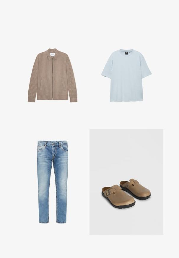 Veste beige zippée avec des rayures blanches verticales, design à col et poches latérales. Fabriquée en tissu texturé avec une finition lisse.; T-shirt oversize bleu clair à manches courtes avec col rond et étiquette de marque Pull&Bear noire à l'intérieur du col.; Jeans en denim bleu clair avec une coupe droite, décoloration au niveau des cuisses et coutures contrastantes. Comprend cinq poches et une fermeture éclair.; Sabots beiges à enfiler avec sangle réglable et boucle argentée, semelles noires, bout arrondi et semelle intérieure rembourrée sur fond uni.