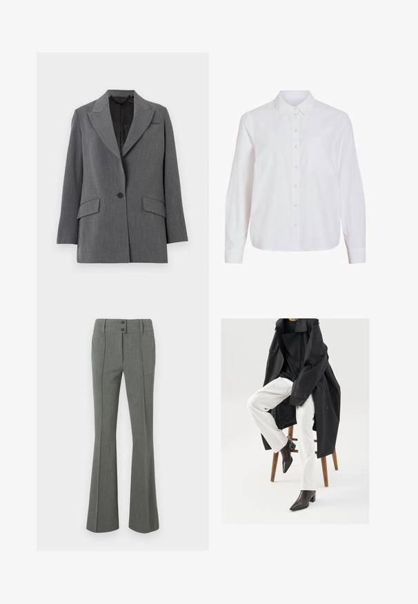 Grå blazer med en tekstureret stof, knapflip, to forlommer, enkelt knaplukning og en sort inderforing.; Hvid skjorte med lange ærmer, knapper foran, klassisk krave, enkelt brystlomme, lavet af glat, let stof med løs pasform.; Grå, vidde bukser lavet af tekstureret stof. Har to knapper i taljen og syningsdetaljer foran.; Sort, oversized trenchcoat over en sort top, parret med hvide bukser og brune, spidse ankelstøvler, siddende på en træstol.