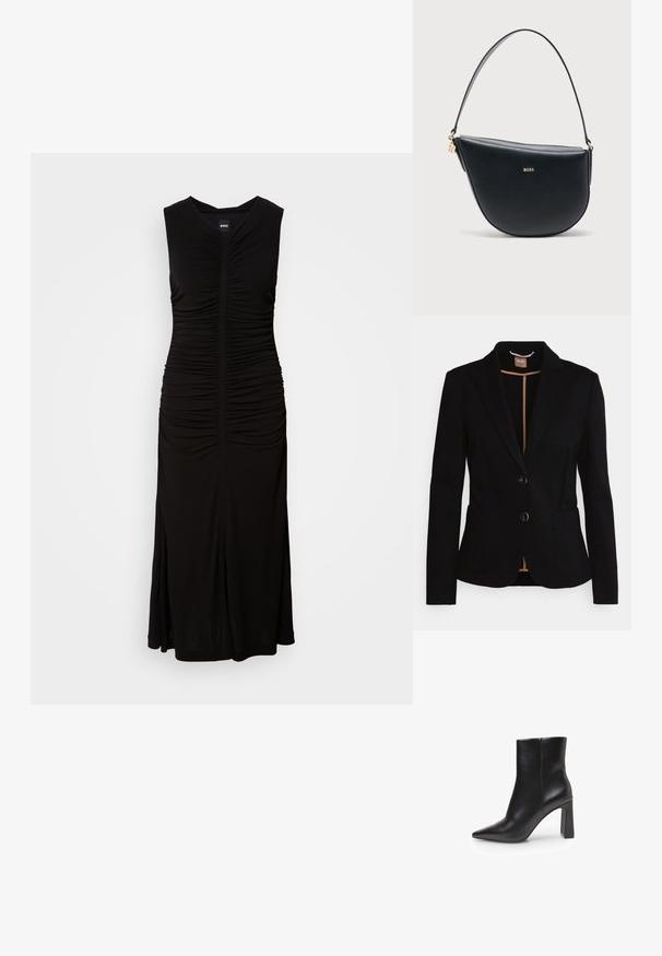 Zwart blazer met een enkel geboord ontwerp, twee voorzakken en een satijnen revers. Bevat twee knopen en een tan voering aan de binnenzijde.; Zwarte mouwloze jurk van rekbare stof; geplooide details aan de zijkanten; aansluitend lijfje; flare zoom; eenvoudige V-hals ontwerp.; Zwarte enkellaars van imitatieleer met een puntige neus, hoge blokhak en een gladde textuur. Minimalistisch ontwerp zonder zichtbare versieringen.; Zwarte leren handtas in halve maan vorm met een enkele schouderriem en een gouden BOSS-logo in het midden aan de voorkant.