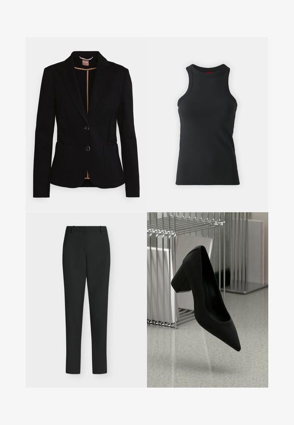 Blazer negro con un diseño de un solo botón, dos bolsillos frontales y un solapa de satén. Cuenta con dos botones y un forro beige en el interior.; Camiseta sin mangas negra hecha de una tela elástica. Presenta un cuello redondo y una silueta ajustada con detalles de costura mínimos.; Pantalones negros de corte ajustado con trabillas para cinturón, cremallera frontal y piernas rectas, mostrados sobre un fondo blanco.; Zapato de tacón alto negro con punta afilada y tacón grueso, hecho de cuero texturizado, suspendido sobre un suelo liso.