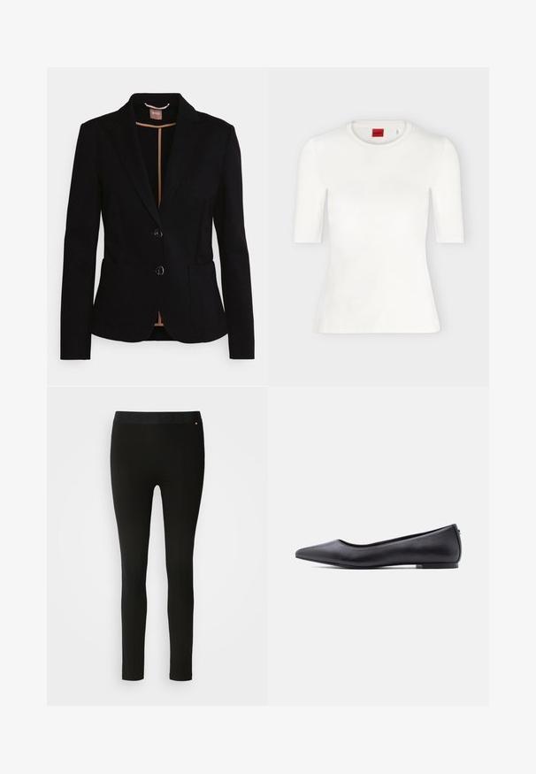 Sort blazer med én knap-opsætning, to forlommer og satin revers. Har to knapper og en lysebrun foret indeni.; Hvid tætsiddende T-shirt med korte ærmer og rund halsudskæring med rød varemærkeetiket inde i kraven.; Sorte leggings med en glat tekstur, featuring en fleksibel talje og diskret sømdetalje. Ingen mønstre eller hardware er til stede.; Sort flad lædersko med spidst tåparti og lav hæl, vist i sideprofil mod en hvid baggrund.