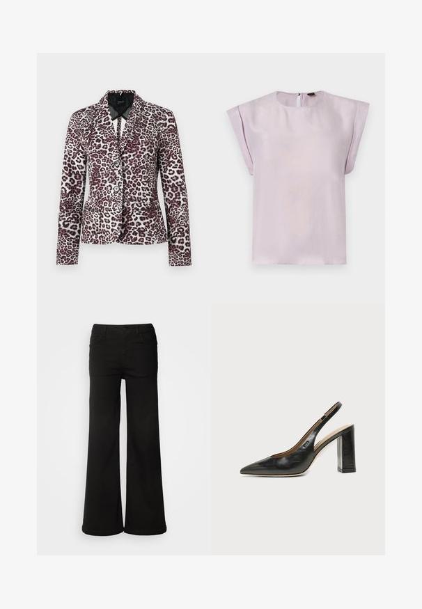 Dameblazer med leopardprint, to knapper, reverskrave, lange ærmer og forlommer på hvid baggrund.; Lilla silke bluse med rund halsudskæring, korte draperede ærmer og lukning med nøglehul på ryggen. Glat tekstur med et minimalistisk design.; Sorte brede bukser lavet af denimstof, med frontlommer, knaplukning og en glat tekstur med en ren finish.; Sort læder peep-toe slingback sko med høj blokhæl og beige indvendig foring mod en ensfarvet lys baggrund.