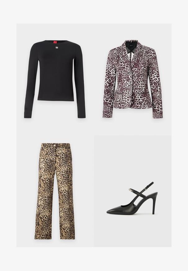 Dameblazer med leopardprint, to knapper, reverskrave, lange ærmer og forlommer på hvid baggrund.; Sort langærmet skjorte lavet af glat stof. Har en rund halsudskæring og et lille sølvlogo på brystet. Minimalistisk design.; Leopardprintbukser i beige og brun. Har knaplukning, lige ben og glat tekstur.; Sorte læder slingback-højhæle med spids tå, udskåret design og justerbar rem med metalhardware.