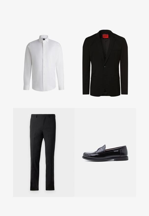 Blazer negro a medida hecho de una tela suave. Presenta un cierre de un botón, solapas notch y dos bolsillos frontales. Etiqueta roja en el interior.; Camisa blanca de manga larga hecha de algodón suave, con un cuello clásico, botonera completa y puños abotonados. Diseño minimalista.; Pantalones negros con un corte ajustado, que presentan un frente plano, dos pliegues, pasadores para cinturón y una textura suave. Sin patrones ni accesorios visibles.; Mocasines de cuero negro con acabado brillante, que presentan un diseño cosido en la puntera y una suela baja de goma negra texturizada.