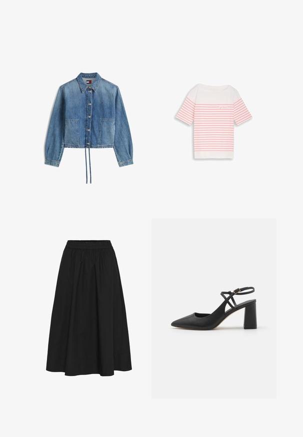 Veste en denim bleu clair avec fermeture à boutons, deux poches avant, ourlet à cordon de serrage et petit logo Tommy Hilfiger sur la poitrine.; Chemise blanche à manches courtes avec des rayures horizontales roses et un petit texte "good times" sur la poitrine en haut à gauche.; Jupe noire, longueur genou, en coton, dotée d'une taille élastique, texture froncée et finition lisse sans motifs visibles.; Talons slingback noirs à bout pointu avec une finition en cuir lisse, un talon bloc et une sangle de cheville réglable avec des accessoires en métal doré.