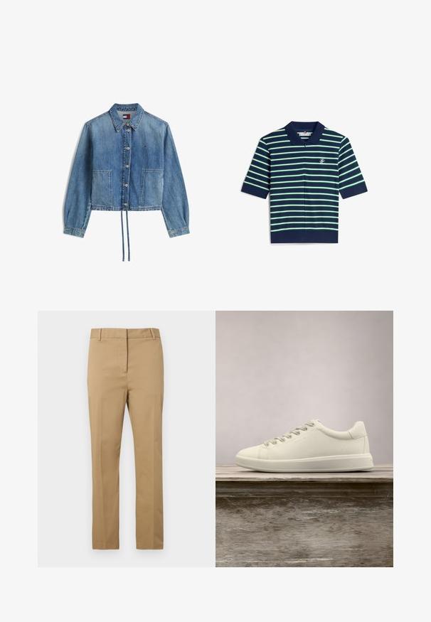 Lyseblå denimjakke med knapper foran, to forlommer, snøre i kanten og lille Tommy Hilfiger-logo på brystet.; Navyblå poloshirt med grønne og lyseblå horisontale striber, korte ærmer og krave. Har et lille logo på brystet.; Beige bomuldsbukser med lige snit, der har en enkelt frontfold, bæltestropper og lynlåslukning foran. Glat tekstur, uden mønstre.; Hvide lave lædersneakers med snørebånd og flad gummisål, vist fra siden på en ensfarvet baggrund.