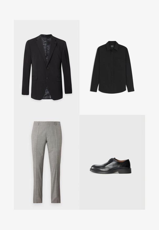 Blazer noir pour homme à deux boutons, avec revers crantés, poches à rabat et doublure intérieure à motif visible au col et en bas.; Chemise noire à manches longues boutonnée avec col et poche poitrine comportant un logo brodé discret sur la poche.; Pantalon habillé gris sur mesure avec passants de ceinture et motif à carreaux subtil, présenté à plat sur un fond blanc.; Chaussure de ville en cuir noir avec un bout arrondi, surface lisse, détails en dentelle et une semelle en caoutchouc texturée basse. Lignes épurées et design minimal.
