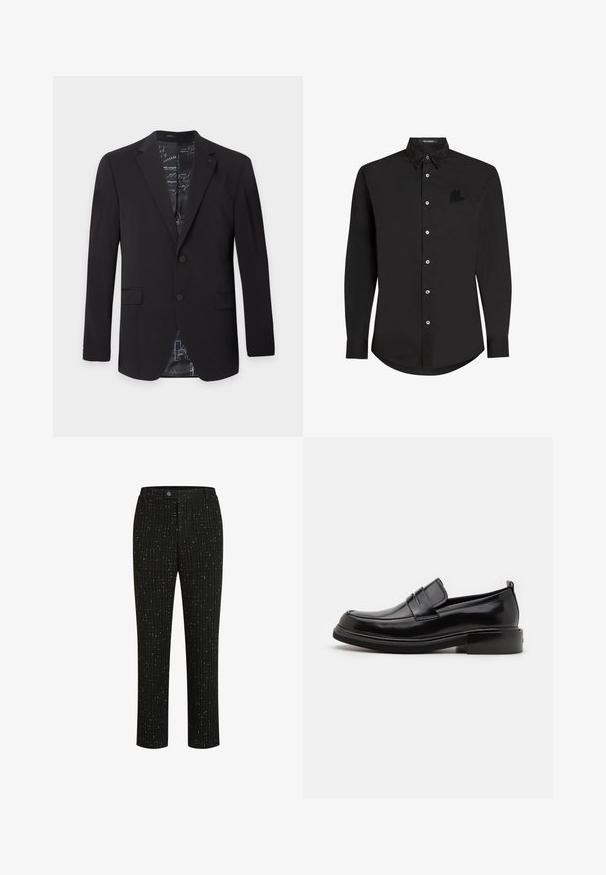 Zwarte herengeblazer met twee knopen, ingesneden revers, klepzakken en een patroonachtige binnenvoering die zichtbaar is bij de kraag en onderkant.; Zwarte shirt met lange mouwen, gestructureerde zwarte kraal-kraag, knoopsluiting aan de voorkant en een klein geborduurd logo op de borst.; Zwarte op maat gemaakte broek met een gestructureerd patroon van dunne verticale witte lijnen, een rechte snit en een knoopsluiting in de taille.; Calvin Klein MOCCASIN - Zakelijke loafers - black
