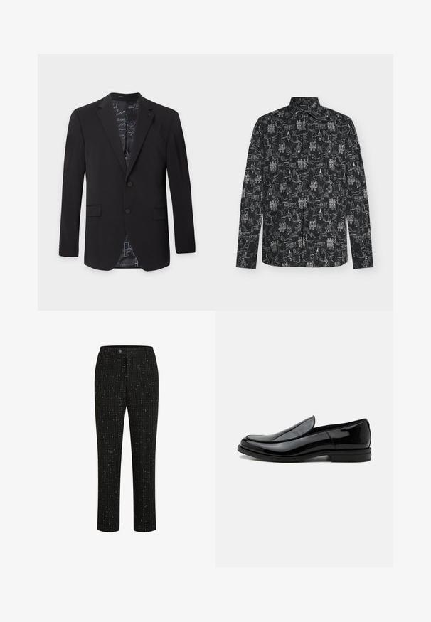 Schwarzer Herrenblazer mit zwei Knöpfen, mit Kerb-Revers, Pattentaschen und gemustertem Innenfutter, das am Kragen und Saum sichtbar ist.; Schwarzes Langarmshirt mit durchgehenden weißen Skizzen von Gebäuden, Vögeln, handgeschriebenem Text und abstrakten Formen.; Schwarze maßgeschneiderte Hose mit einem strukturierten Muster aus dünnen weißen vertikalen Linien, geradem Schnitt und einem Knopfverschluss an der Taille.; Schwarzer glänzender Lederslipper mit niedrigem Absatz und abgerundeter Spitze, seitlich auf weißem Hintergrund betrachtet.