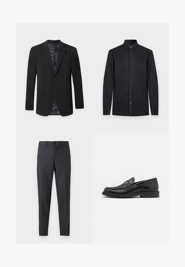 Sort herreblazer med to knapper, klap-lapels, klaplommer og mønstret inderfor synligt ved kraven og bunden.; Sort langærmet skjorte med spidse krave, enkeltknap for, og rektangulære манchetter. Lavet af glat, letvægtsstof.; Mørkegrå skræddersyede bukser med forreste knap og bæltestropper, vist fladt mod en hvid baggrund.; Sorte læder loafers med en rund tå, der har guld hardware accent og syningsdetaljer, placeret på en lav, tekstureret gummisål.