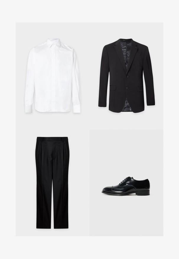 Blazer noir pour homme à deux boutons, avec revers crantés, poches à rabat et doublure intérieure à motif visible au col et en bas.; Chemise blanche à manches longues avec col pointu et poignets boutonnés, posée à plat sur un fond clair.; Pantalon formel noir à plis, passant de ceinture et braguette zippée, présenté sur un fond blanc uni.; Chaussure de ville en cuir noir avec une finition polie, bout rond, design à lacets et un petit talon empilé, présentant un détail de couture subtil.