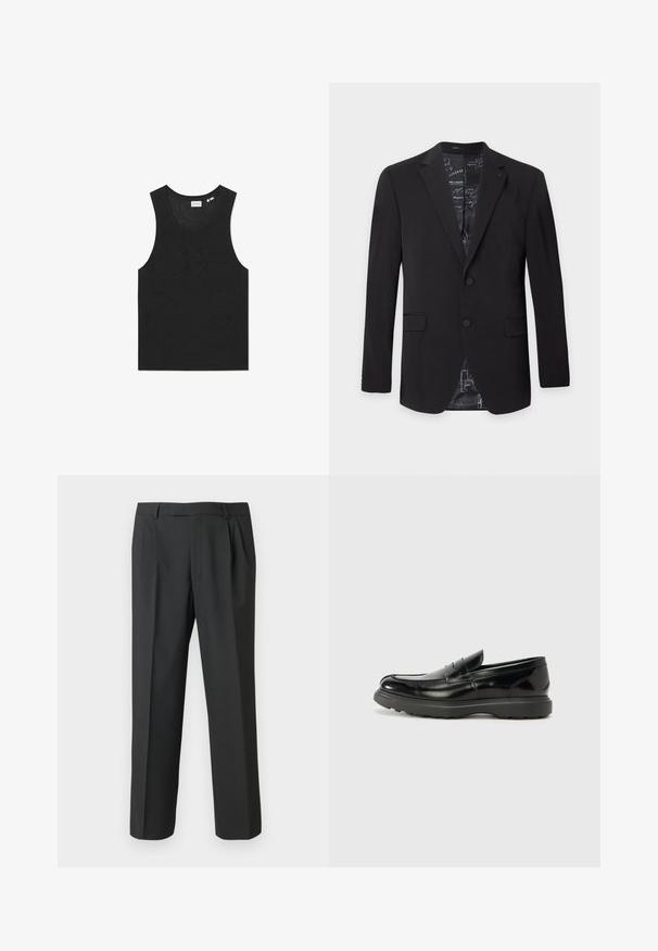Sort herreblazer med to knapper, klap-lapels, klaplommer og mønstret inderfor synligt ved kraven og bunden.; Sort tanktop med et tekstureret mønster, uden ærmer og rund halsudskæring. Fremstillet af let strikmateriale.; Sorte bukser lavet af glat stof med et lige ben-design, plisseret forside og standard linning med bæltestropper.; Sort læderloafer med en blank finish, rund tå, subtile syninger og en tyk gummisål for holdbarhed.