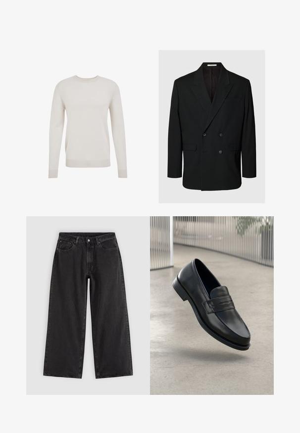 Sort dobbeltradet blazer med notch revers, fire knapper foran, to klaplommer og en brystlomme på ensfarvet baggrund.; Cremefarvet strikket sweater, rund hals, lange ærmer, ribbede manchetter og kant. Blød tekstur, enkelt design og letvægtsmateriale.; Sorte denim jeans med vide ben, forlommer, bæltestropper og knaplukning, vist på en ensfarvet lys baggrund.; Sort lædersko med glat tekstur, spids tå og en dekorativ rem over vristen. Letvægts sål, minimalistisk design.