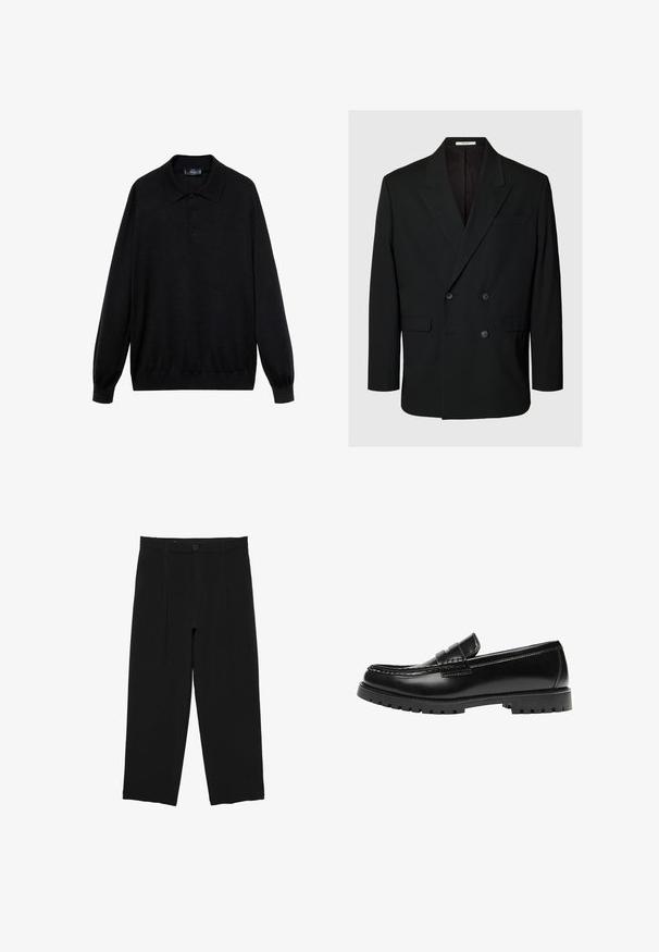 Schwarzer doppeltreihiger Blazer mit Kerb-Revers, vier Knöpfen vorne, zwei Pattentaschen und einer Brustleistentasche auf einfarbigem Hintergrund.; Schwarzes Langarm-Polohemd aus weichem Stoff, mit klassischem Kragen, drei Knöpfen und gerippten Bündchen und Saum.; Schwarze, weit geschnittene Hose mit Gürtelschlaufen, vorderer Knopfleiste und plissiertem Design, vor weißem Hintergrund dargestellt.; Schwarzer Leder-Slipper mit dicker Gummisohle und klassischem Penny-Detail an der Riemen, von der Außenseite gezeigt.