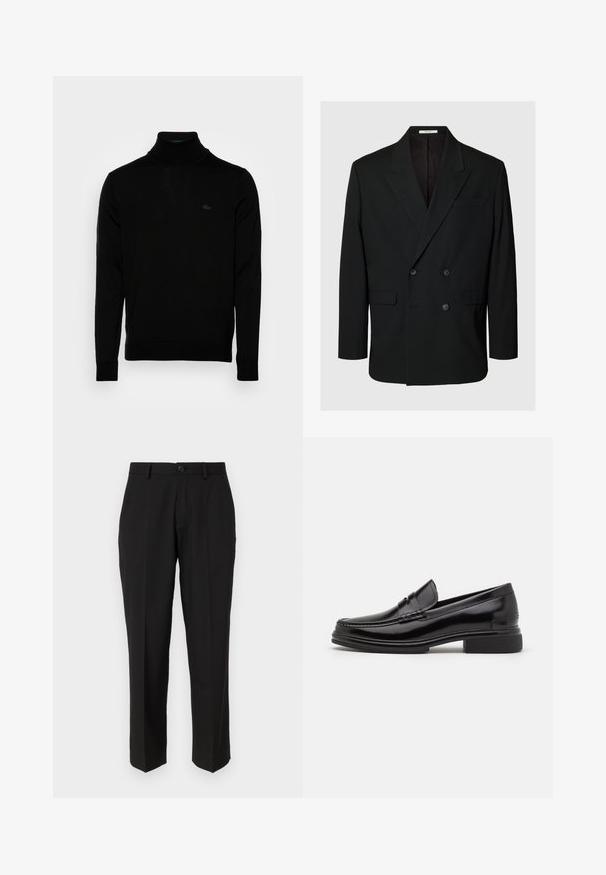 Blazer noir croisé avec revers crantés, quatre boutons à l'avant, deux poches à rabat et une poche poitrine passepoilée sur fond uni.; Pull à col roulé noir, texture côtelée, manches longues, design ajusté, logo discret Lacoste sur la poitrine, matériau tricoté de poids moyen.; Pantalon noir en tissu lisse, présentant une coupe droite, des poches avant, un bouton simple de fermeture et sans motifs visibles.; Mocassins en cuir noir avec un embout arrondi, présentant un détail cousu sur le dessus, et un petit talon carré. Texture lisse et finition brillante.