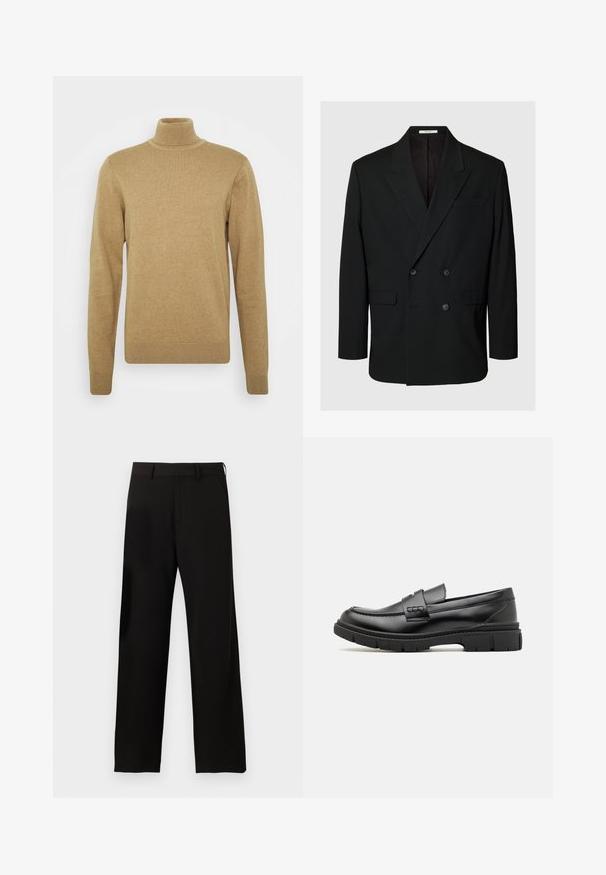 Blazer noir croisé avec revers crantés, quatre boutons à l'avant, deux poches à rabat et une poche poitrine passepoilée sur fond uni.; pull à col roulé beige en tissu tricoté doux. Doté de manches longues et d'une coupe ajustée. Accents côtelés au niveau de l'ourlet et du col.; Pantalon noir droit avec passants de ceinture et poches latérales sur fond blanc uni.; Mocassin en cuir noir avec une large sangle sur le devant, semelle en caoutchouc à épaisse rainure, et texture lisse. Design classique et élégant.
