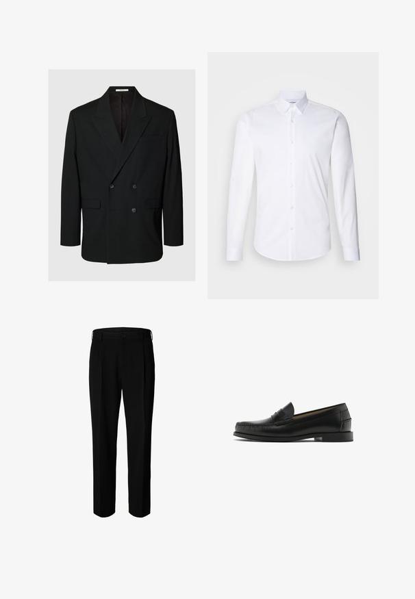 Zwarte dubbelgeknoopte blazer met inkeping revers, vier knopen aan de voorkant, twee klepzakken en een borstzak op een effen achtergrond.; Witte lange mouwen knoopshirt gemaakt van gladde katoenstof, met een klassieke kraag, knoopsluiting en een gebogen zoom.; Zwarte formele broek met riemlussen, voorste knoop en ritssluiting, weergegeven tegen een witte achtergrond.; Zwarte lederen loafers met een ronde neus, stikdetails, een gladde textuur en een lage blokhak. Geen zichtbare versieringen of patronen.