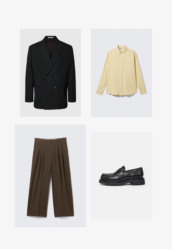 Blazer noir croisé avec revers crantés, quatre boutons à l'avant, deux poches à rabat et une poche poitrine passepoilée sur fond uni.; Chemise jaune à manches longues boutonnée en tissu texturé, avec une poche poitrine, un col pointu et un ourlet arrondi. Étiquette de la marque visible.; Pantalon marron à fines rayures avec une coupe à jambes larges, doté de plis à l'avant, d'une fermeture à bouton et d'une texture lisse.; Mocassin en cuir noir avec semelle épaisse crantée et détail de bride penny, présenté en profil droit sur fond blanc.