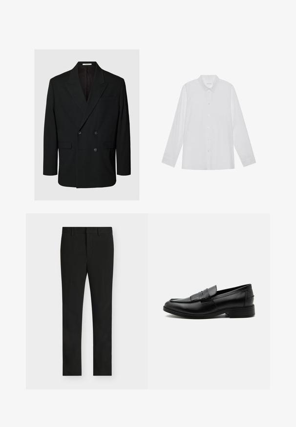 Zwarte dubbelgeknoopte blazer met inkeping revers, vier knopen aan de voorkant, twee klepzakken en een borstzak op een effen achtergrond.; Witte blouse met lange mouwen van soepel stof, met een puntige kraag, voorkant met knoopsluiting en manchetten met één knoop.; Zwarte slim-fit pantalon met riemlussen, frontrits en platte voorkant, getoond op een lichtgrijze achtergrond.; Zwarte leren herensloffen met kwastdetail, afgeronde neus, lage hak en glad gepolijst oppervlak, zij-aanzicht op een witte achtergrond.
