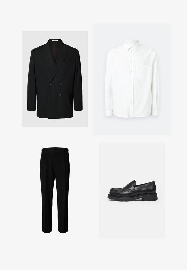 Schwarzer doppeltreihiger Blazer mit Kerb-Revers, vier Knöpfen vorne, zwei Pattentaschen und einer Brustleistentasche auf einfarbigem Hintergrund.; Weißes, langärmliges Hemd mit Knopfleiste aus leichtem Stoff. Verfügt über eine Brusttasche, klassischen Kragen und eine dezente Struktur.; Schwarze formelle Hose mit Gürtelschlaufen, Frontknopf und Reißverschluss, vor weißem Hintergrund dargestellt.; Schwarzer Lederloafer mit dicker, profilierter Sohle und Pennyriemen-Detail, von der rechten Seitenansicht auf weißem Hintergrund gezeigt.