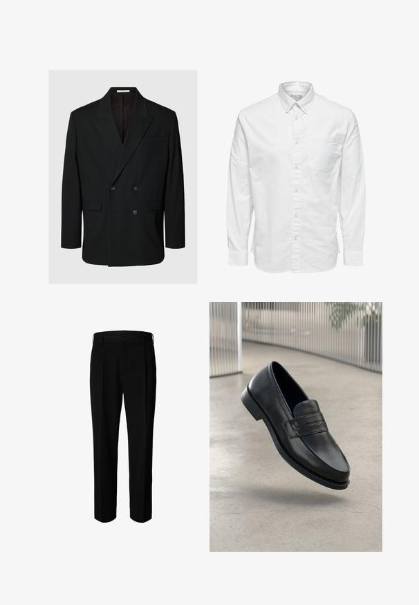 Zwarte dubbelgeknoopte blazer met inkeping revers, vier knopen aan de voorkant, twee klepzakken en een borstzak op een effen achtergrond.; Wit overhemd met lange mouwen, knopen, kraag en borstzak, met het label "Selected Homme" aan de binnenkant van de kraag.; Zwarte formele broek met riemlussen, voorste knoop en ritssluiting, weergegeven tegen een witte achtergrond.; Zwarte leren loafer met een gladde textuur, spitse neus en een decoratieve band over de wreef. Lichtgewicht zool, minimalistisch ontwerp.