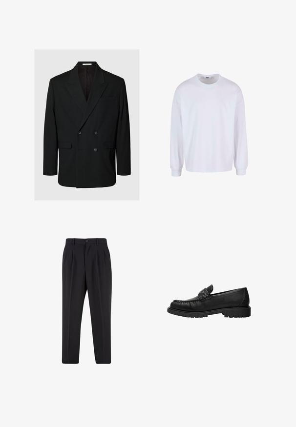 Blazer noir croisé avec revers crantés, quatre boutons à l'avant, deux poches à rabat et une poche poitrine passepoilée sur fond uni.; T-shirt blanc à manches longues avec col rond, coupe décontractée et poignets élastiques. Fabriqué en coton doux et lisse.; Pantalon noir sur mesure avec plis à l'avant, passants pour ceinture et fermeture par bouton à la taille.; Mocassin en cuir noir avec dessus cousu, détail de bride cloutée et semelle épaisse à crampons, présenté en profil latéral sur fond blanc.