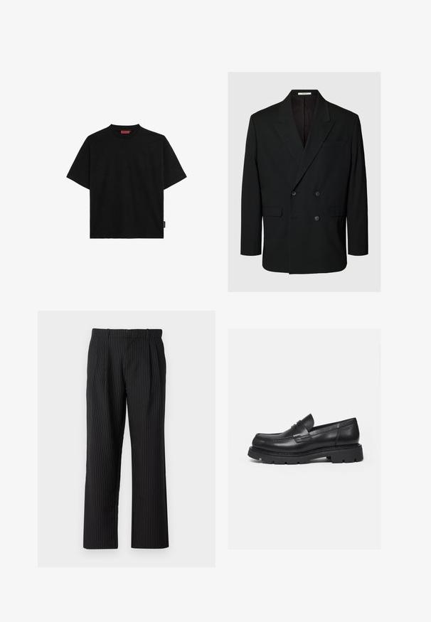 Blazer negro cruzado con solapas con muesca, cuatro botones en la parte delantera, dos bolsillos con solapa y un bolsillo de ojal en el pecho sobre fondo liso.; Camiseta negra de manga corta hecha de algodón, con cuello redondo y una pequeña etiqueta en el lateral. Textura suave y corte recto.; Jack & Jones Classic Wide Leg Fit - Pantalones - black; Mocasín negro de cuero con suela gruesa y acanalada y detalle de tira para moneda, mostrado en perfil lateral derecho sobre fondo blanco.