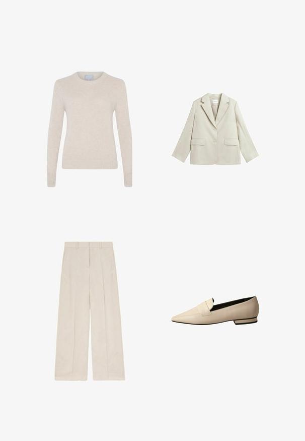 Lichtbeige damesblazer met ingesneden revers, twee knopen, twee klepzakken en één borstzak, plat gelegd op een witte achtergrond.; Style Republic Trui - sand; Beige wijde broek met riemlussen en voorplooien, plat liggend weergegeven op een witte achtergrond.; Beige leren loafers met een spitse neus, voorzien van een brede band over de wreef en een lage gestapelde hak met een zwarte accent.
