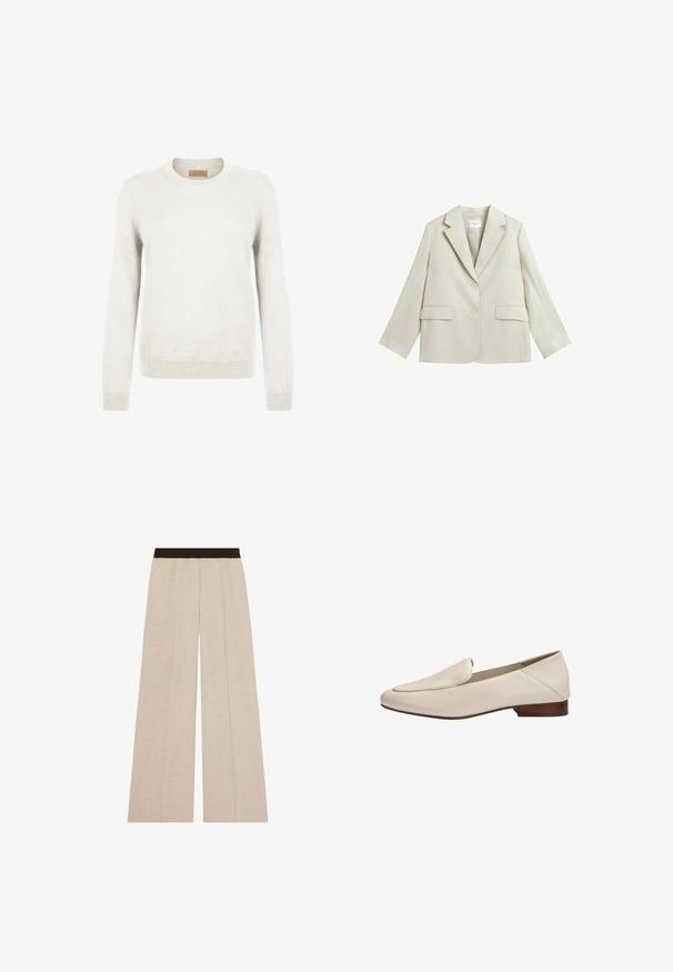 Lysebeige dameblazer med hakkede revers, to knapper, to klaplommer og en brystlomme, vist fladt på en hvid baggrund.; Lys grå sweater lavet af blødt strikstof, med rund hals og lange ærmer, samt ribbede manchetter og kant for ekstra tekstur.; Beige bukser med vide ben og en mørkebrun elastisk talje, med subtile vertikale sømdetaljer.; Beige læderloafer med lavt træhæl og afrundet firkantet tå, sidevisning mod hvid baggrund.