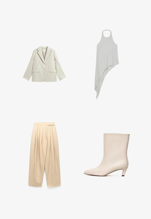 Lichtbeige damesblazer met ingesneden revers, twee knopen, twee klepzakken en één borstzak, plat gelegd op een witte achtergrond.; Mouwloze lichtgrijze asymmetrische top met halternek en een gedrapeerde, schuin aflopende zoom die aan één kant langer valt.; Beige, broek met hoge taille en wijde pijpen, voorzien van plooien aan de voorkant en zijzakken, gemaakt van lichtgewicht stof.; Beige leren enkelboot met een pointed toe en een conische hak. Gladde textuur met minimale stiknaden en een slanke silhouet.