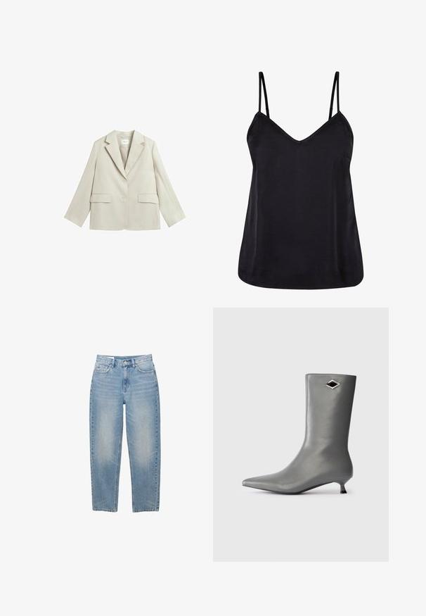 Lysebeige dameblazer med hakkede revers, to knapper, to klaplommer og en brystlomme, vist fladt på en hvid baggrund.; Sort cami med tynde justerbare stropper, dyb V-udskæring og en glat, blød tekstur. Designet til en afslappet pasform.; Lyseblå, lige cowboybukser med frontknap, lynlås og fem lommer, vist på en hvid baggrund.; Grå læderstøvle til midten af læggen med spidse tæer, kittenheel og lille diamantformet sort og sølv ornament nær toppen.