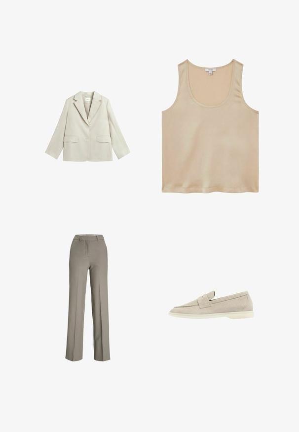 Lysebeige dameblazer med hakkede revers, to knapper, to klaplommer og en brystlomme, vist fladt på en hvid baggrund.; Reiss REGULAR FIT - Bluse - neutral; Lys grå, brede bukser lavet af et glat stof med en skræddersyet talje, frontfolder og sidelommer.; Lys beige suede loafers med en lav hvid sål, afrundet tå og en syet rem henover toppen.