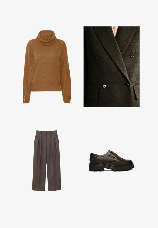 Blazer vert olive croisé avec une finition en laine texturée, boutons noirs et revers crantés, comportant deux poches avant.; Pull à col roulé marron avec une finition douce et texturée et des manches longues. Présente des accents semblables à des perles sur les poignets.; Pantalon marron taille haute à jambes larges avec passants de ceinture, plis à l'avant et poches latérales, présenté sur un fond blanc.; Chaussure brogue en cuir marron foncé avec détails perforés et semelle épaisse en caoutchouc noire, vue de côté sur fond blanc.