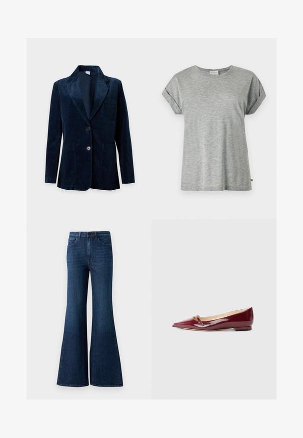 Blazer en velours côtelé bleu marine avec deux boutons devant, col à revers cranté et trois poches plaquées, présenté sur un fond uni.; T-shirt en coton gris clair à manches courtes avec revers aux manches et col rond, présenté à plat sur fond blanc.; Jeans évasés taille haute bleu foncé avec un bouton à l'avant, une fermeture éclair, et un design à cinq poches sur un fond blanc.; Ballerines en cuir verni bordeaux avec un bout pointu, présentant un petit détail découpé et un petit talon. Texture lisse et design épuré.