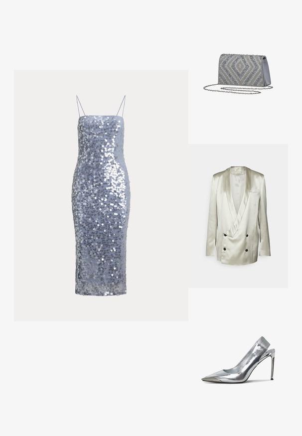 BITE Studios WEDDING FRAME - Blazer - tin; Sølv paliet midi-kjole med tynde spaghetti stropper og en lige udskæring, designet til en tætsiddende silhuet.; Sølv slingback højhælede sko med spids tå og metallisk finish. Har et strømlinet design og minimalistiske detaljer på hælen.; Sølvclutch med geometriske perle- og rhinstenudsmykninger samt en lang sølvkæde.
