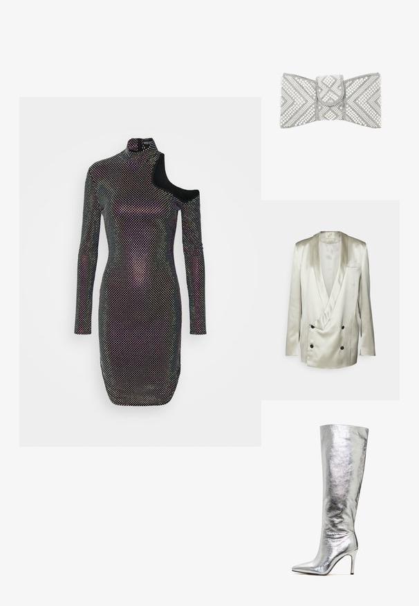 BITE Studios WEDDING FRAME - Blazer - tin; David Koma OPEN SHOULDER SIDE GATHERED DRESS - Robe de soirée - black/iridescent; Bottes métalliques argentées montantes jusqu'au genou, avec un bout pointu et un talon stiletto, présentant une texture lisse et brillante ainsi qu'un design élégant et ajusté.; Pochette ornée de perles blanches et de perles argentées avec des motifs géométriques chevron et diamant, fermeture à rabat au centre.
