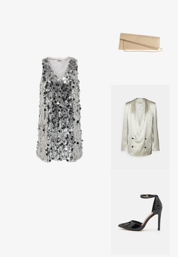 BITE Studios WEDDING FRAME - Blazer - tin; Ærmeløs sølv mini kjole med V-udskæring, dækket af store skinnende palietter arrangeret i lodrette striber.; Sorte patentlæder højhælede sko med spids tå, ankelrem og slank stiletthæl. Glat tekstur med skinnende finish.; Guldglitrende rektangulær clutch taske med en tynd guldkæde og diagonal klaplukning.