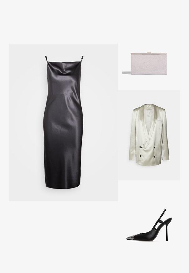 BITE Studios WEDDING FRAME - Blazer - tin; Samsøe Samsøe FREDERICKA LONG DRESS - Cocktailkjole / festkjole - ombre dark; Sorte slingback pumper med spids tå og skinnende metallisk kappe. Har en høj stilettohæl og slank ankelrem. Glat lædertekstur.; Sølvglitrende clutch med en slank rektangulær form, metalldeksel og en glat overflade. Minimalistisk design.