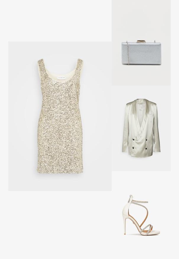 BITE Studios WEDDING FRAME - Σακάκι - tin; Never Fully Dressed SEQUIN RUBY DRESS - Cocktail φόρεμα / Φόρεμα για πάρτι - silver; Λευκό ψηλοτάκουνο σανδάλι με λαμπερούς ασημένιους ιμάντες, ανοιχτό δάχτυλο και φερμουάρ στο πίσω μέρος. Λείος υφή, κομψός σχεδιασμός και μυτερή σόλα.; Ορθογώνιο ασημένιο τσαντάκι από υφασμάτινη μεταλλική υφή, με κλείσιμο τύπου κλειδώματος και αποσπώμενη αλυσίδα για μεταφορά.