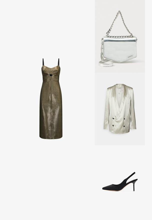 BITE Studios WEDDING FRAME - Blazer - tin; Vestido midi de bronce metálico con tirantes negros finos y un pequeño corte frontal debajo del busto en una tela texturizada.; Zapato de tacón negro tipo slingback con punta afilada, adornado con strass. Presenta un diseño elegante, tacón de aguja alto y forro interior suave.; Bolso bandolera metálico plateado con correa de cadena, forma geométrica, textura suave y detalle de logo. Cuenta con cierre de cremallera y costura decorativa.