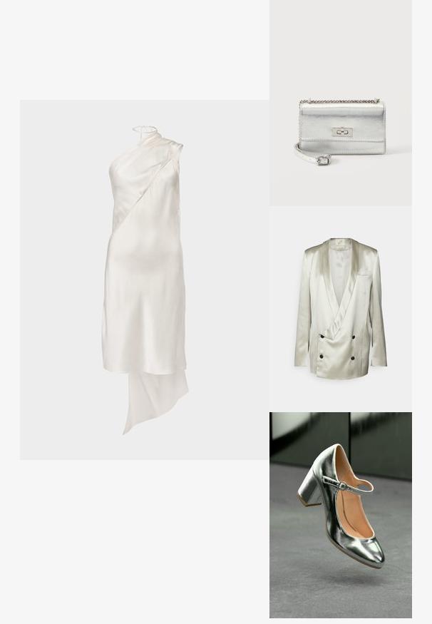 BITE Studios WEDDING FRAME - Blazer - tin; Weißes Satin-Kleid mit asymmetrischem Design, featuring einen schulterfreien Ausschnitt und einem fließenden Saum. Glatte Textur und minimale Hardware-Details.; Metallisch silberner Mary Jane Absatzschuh mit runder Spitze, Knöchelriemen und Blockabsatz, mit glatter Textur und hellbraunem Inneren.; Kleine rechteckige silberne Metallic-Handtasche mit Kettenriemen, Vorderklappe und rechteckigem Drehverschluss.