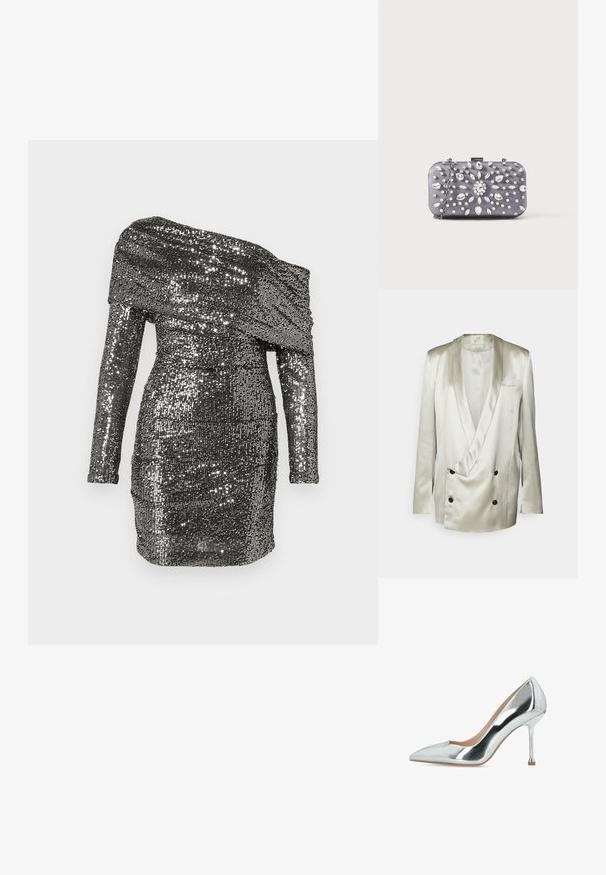 BITE Studios WEDDING FRAME - Blazer - tin; Robe à sequins avec un décolleté bardot, des manches longues et une silhouette ajustée. Fabriquée en tissu métallique aux tons argentés.; Escarpin à talons aiguilles argent métallique, bout pointu, talon stiletto fin et finition lisse et brillante.; Petit sac pochette rectangulaire gris foncé orné de strass clairs disposés en motif rayonnant, avec une bandoulière chaîne argentée.