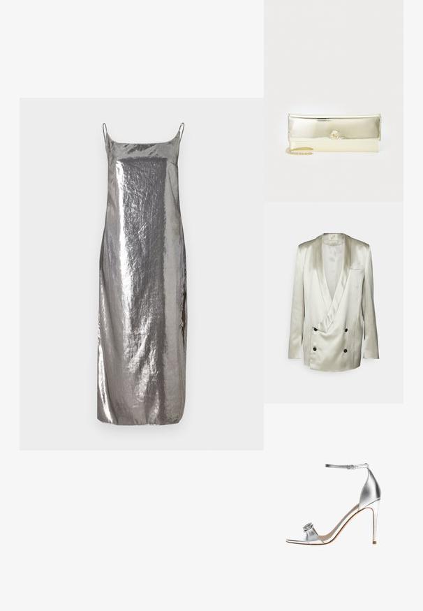 BITE Studios WEDDING FRAME - Blazer - tin; Vestido deslizante metálico plateado con tirantes finos, textura suave y una silueta recta, que presenta un brillo sutil y un diseño minimalista.; Sandalia plateada de tacón alto con correa en el tobillo y detalle decorativo de joyas en la correa del dedo, tacón delgado y diseño de puntera abierta.; Bolso de mano metálico dorado con un diseño de sobre, textura suave y una correa de cadena. Presenta un logo distintivo en la parte frontal.