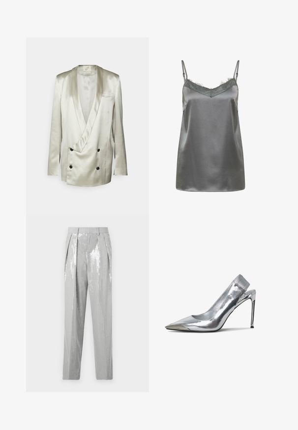 BITE Studios WEDDING FRAME - Blazer - tin; Grå satin camisole med tynde justerbare stropper og blondekant langs V-halsudskæringen, vist på en ensfarvet hvid baggrund.; Good American SUITING GOOD TROUSER - Bukser - grey; Sølv slingback højhælede sko med spids tå og metallisk finish. Har et strømlinet design og minimalistiske detaljer på hælen.