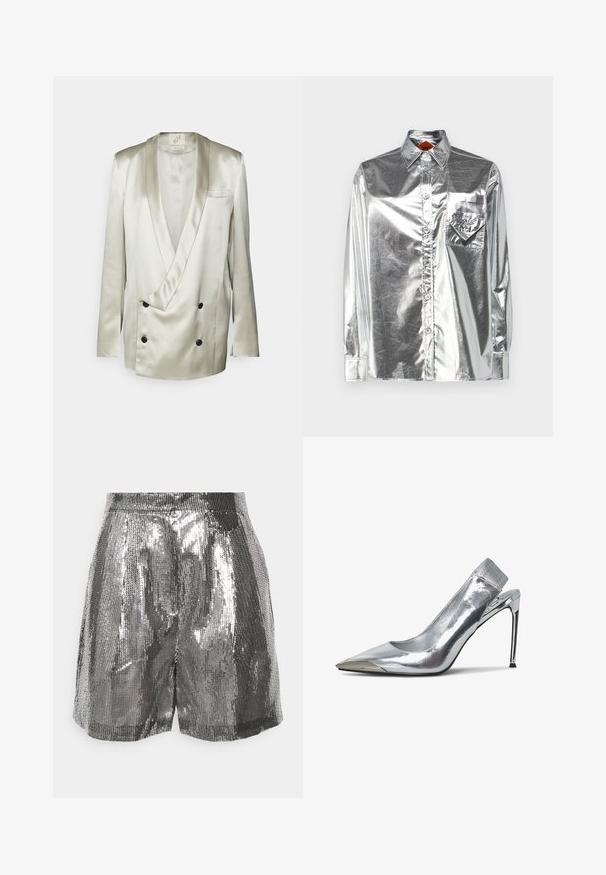 BITE Studios WEDDING FRAME - Blazer - tin; MCM METALLIC SHIRT - Skjortebluser - silver; 2nd Day EDITION OZARK SEQUINS FLASH - Shorts - silver; Sølv slingback højhælede sko med spids tå og metallisk finish. Har et strømlinet design og minimalistiske detaljer på hælen.