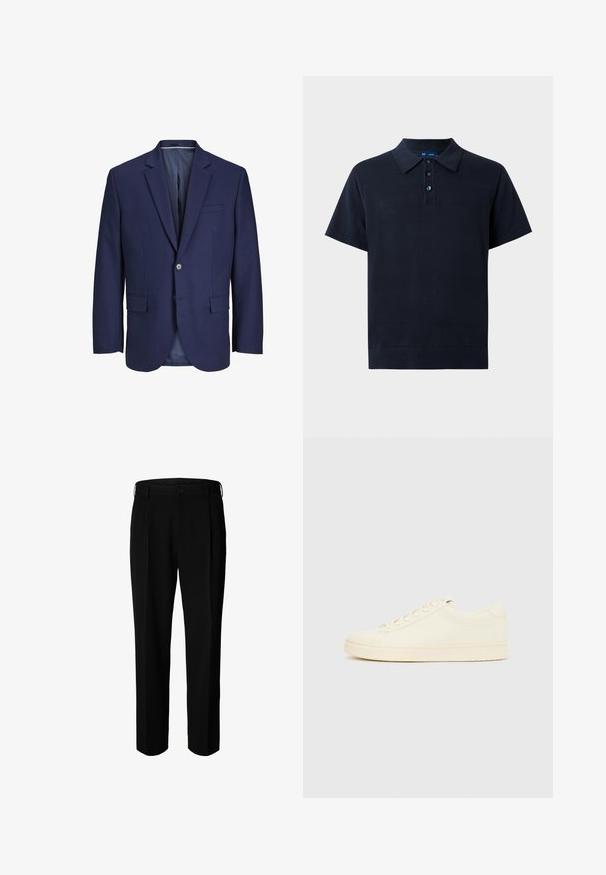 Dunkelblaues Blazer aus glattem Stoff, mit einer Zwei-Knopf-Verschluss, Reverskragen und zwei Fronttaschen sowie einer einzelnen Brusttasche.; Marineblaues Polohemd mit kurzen Ärmeln, Drei-Knopf-Leiste und geripptem Saum, vor einem schlichten hellen Hintergrund dargestellt.; Schwarze formelle Hose mit Gürtelschlaufen, Frontknopf und Reißverschluss, vor weißem Hintergrund dargestellt.; Cremefarbener Sneaker mit glattem Lederoberteil, abgerundeter Zehenpartie, Schnürung vorne und strukturierter Gummisohle. Minimalistisches Design, ohne Logos.