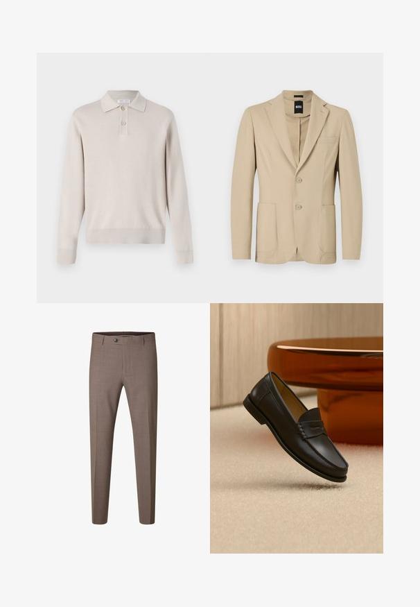 Beige blazer van een geweven stof. Bevat een notch revers, twee knopen, een borstzak en twee voorste opgestikte zakken.; Lichtbeige poloshirt met lange mouwen, gemaakt van zachte stof. Voorzien van een kraag, een drieknoopsluiting en ribgebreide manchetten en zoom.; Bruine slim-fit formele broek met knoop en riemlussen, afgebeeld tegen een witte achtergrond.; Zwarte leren loaferschoen zwevend boven een beige tapijt met amberkleurige moderne meubels op de achtergrond.