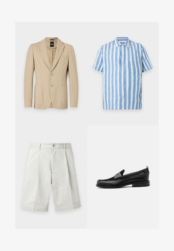 Blazer beige en tissu texturé. Il présente un col cranté, deux boutons, une poche poitrine et deux poches plaquées à l'avant.; Chemise à manches courtes à rayures verticales bleu clair et blanc, en lin, avec col pointu et une poche poitrine unique.; Shorts gris clair en tissu texturé, dotés d'une fermeture à bouton, de plis et d'une coupe droite, adaptés à une tenue décontractée.; Mocassin en cuir noir avec détail de bride grise, talon bas et semelle texturée, marqué "HUGO" en or sur le côté.